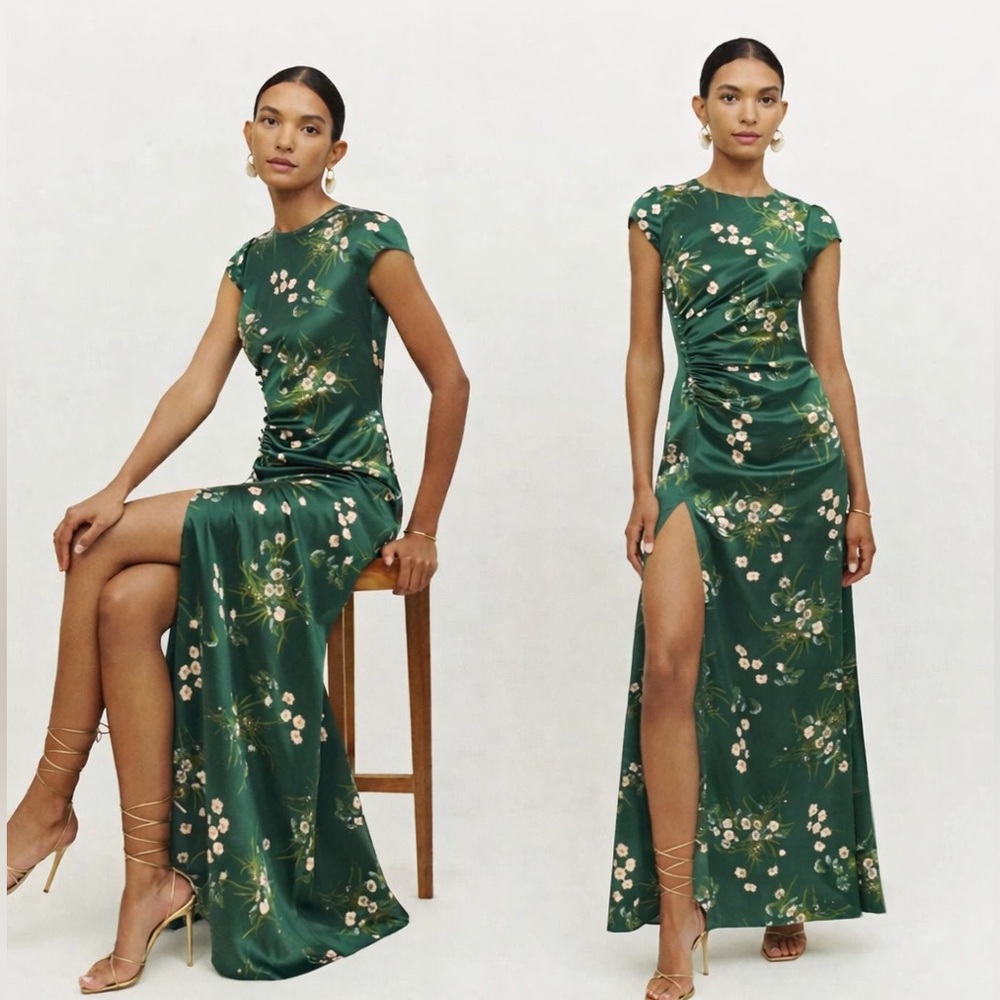 Reformation Green Floral Maxi Dress with Side Slit
